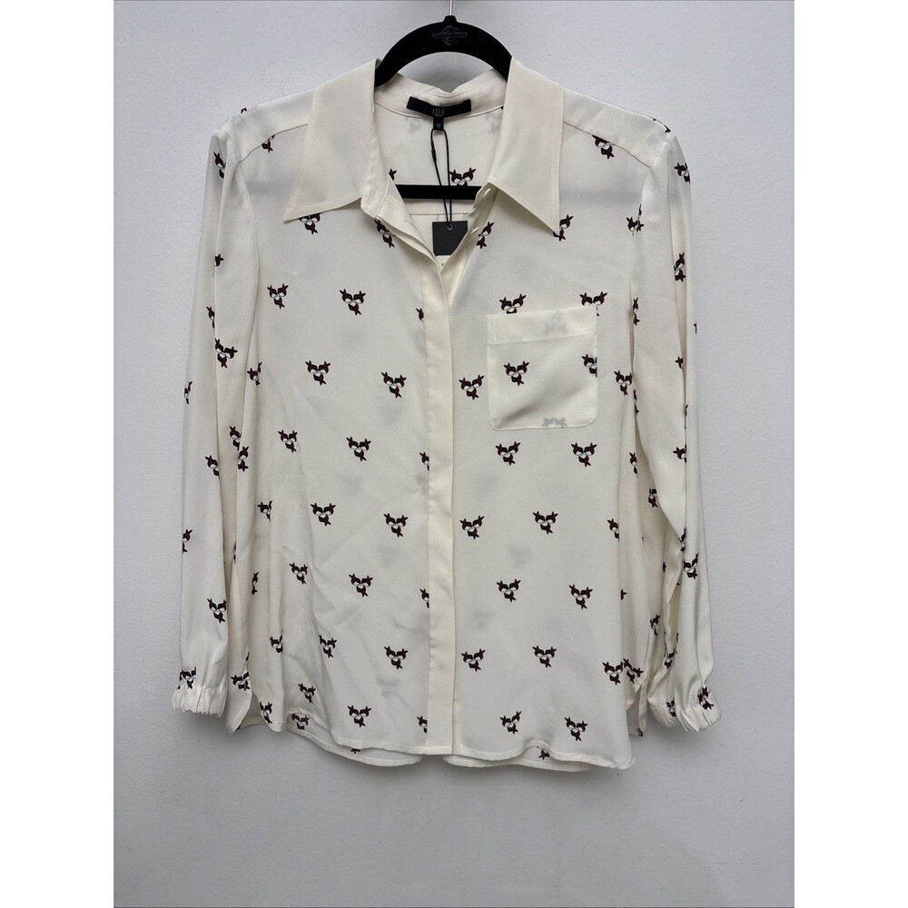 NWT $315 Tibi Silk Blouse, Button Up, Ivory W/ Birds, Long Sleeves, Women’s 10